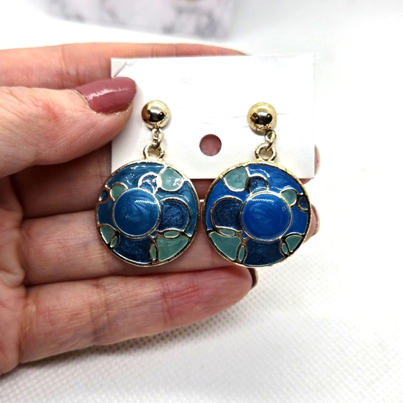 Elegant Blue and Gold Enamel  Earrings vintage style - Picture 8 of 14